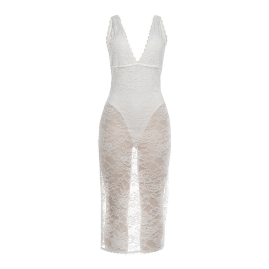 Damen Spitzenkleid mit tiefem V-Ausschnitt und transparenten Einsätzen EB