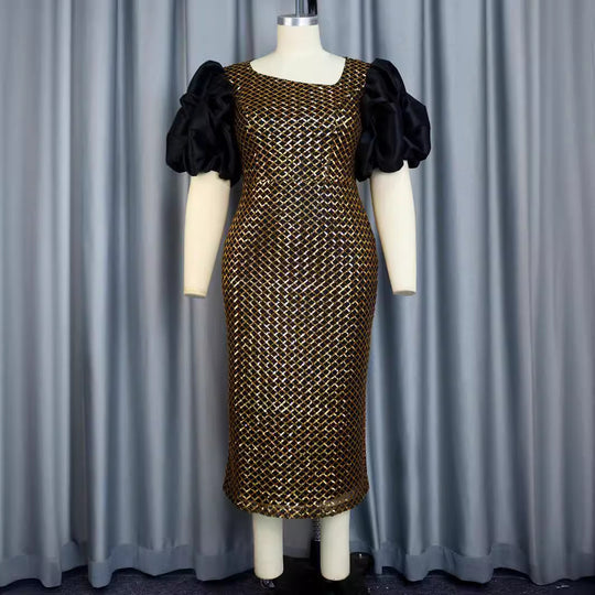 Damen Abendkleid mit strukturiertem Oberteil und voluminösen Puffärmeln EB