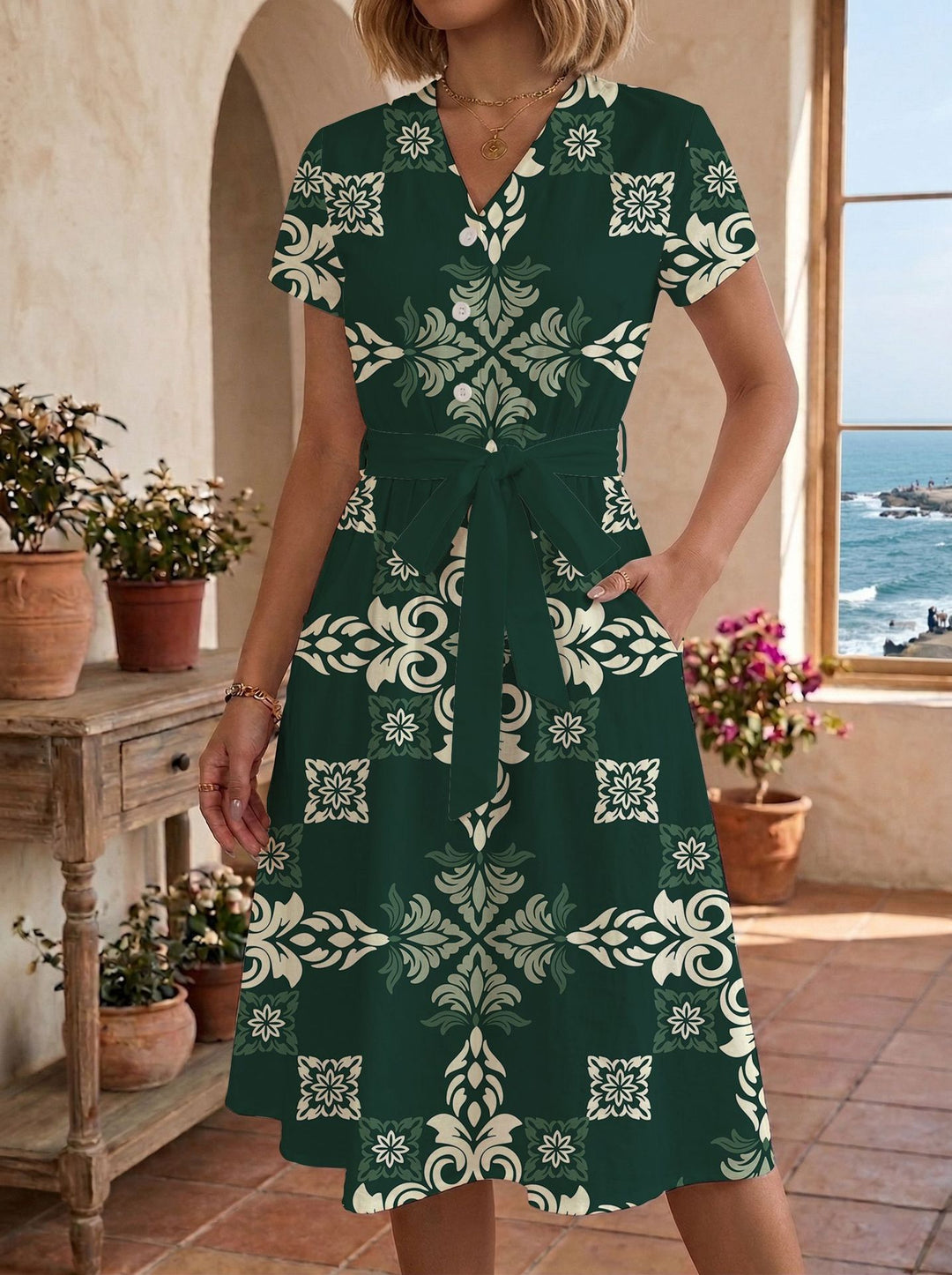 Damen Sommerliches Kleid mit taillierbarem Bindegürtel und floralem Muster EB