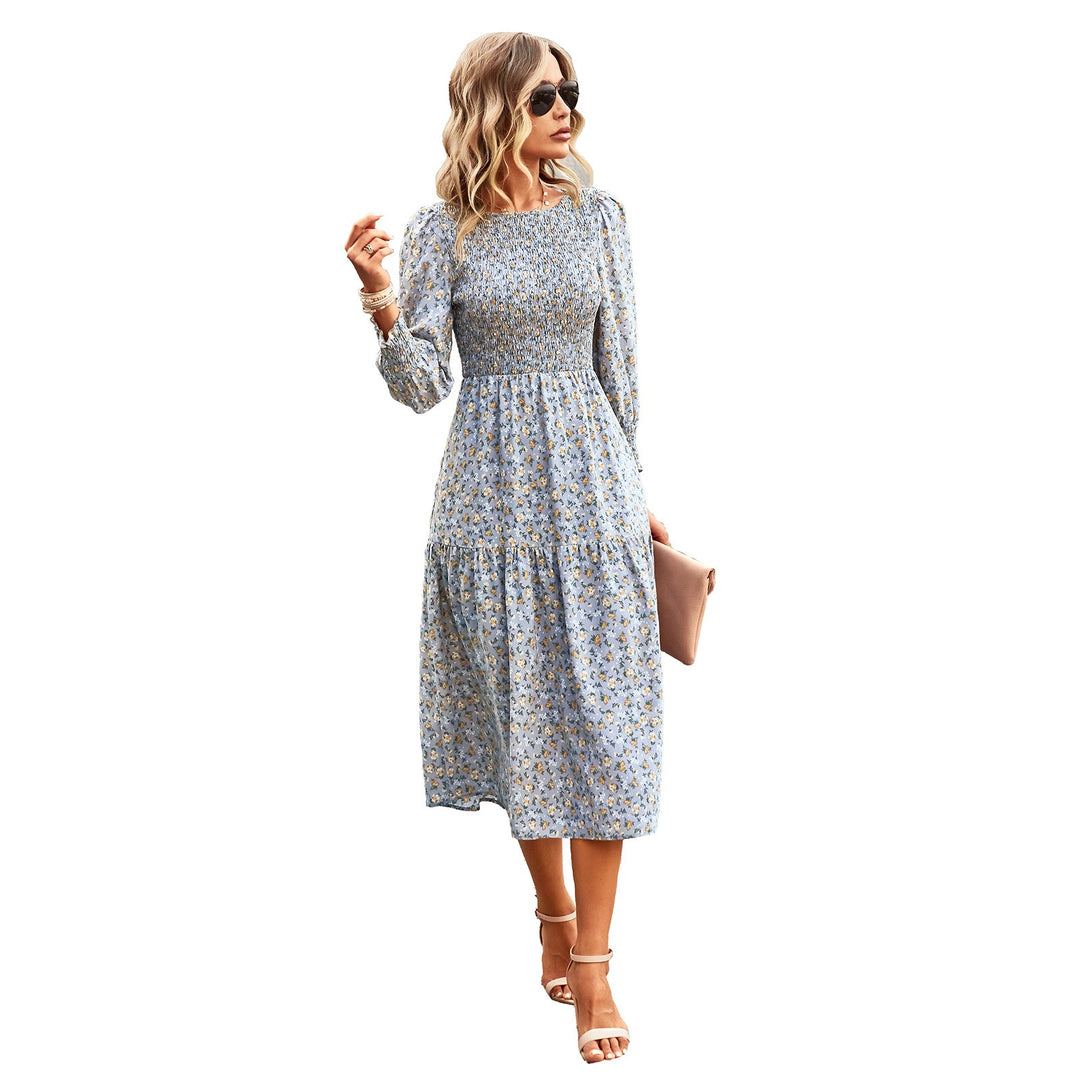 Damen Florales Midi-Kleid mit Geraffter Taille und Langen Ärmeln EB