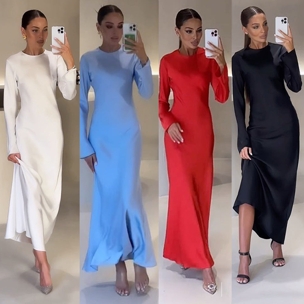 Damen elegantes Maxikleid mit schickem Stehkragen und langem Schnitt EB