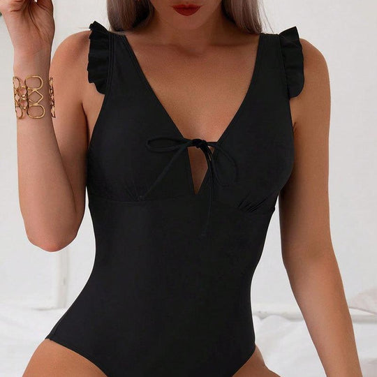 Damen Einteiler Badeanzug mit tiefer V-Neck und Rüschendetails EB