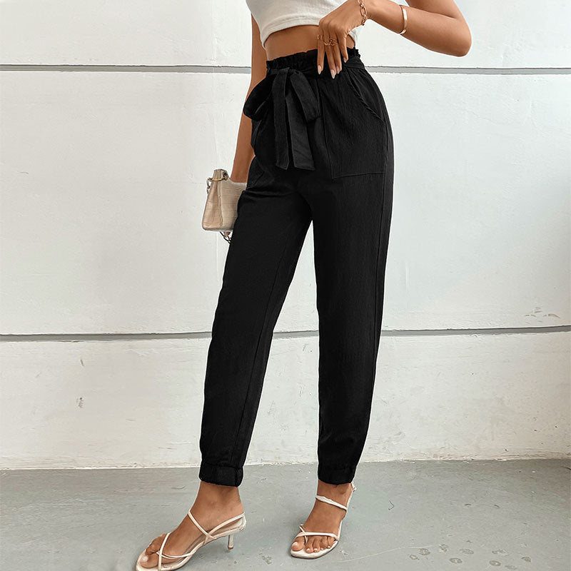 Damen lässige Stoffhose mit elastischem Bund und Bindegürtel EB