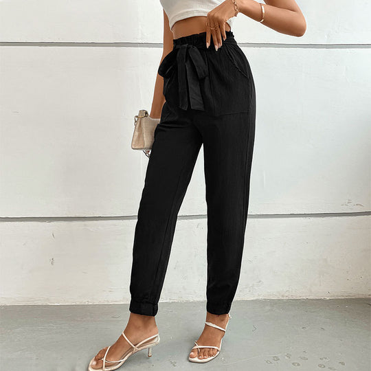 Damen lässige Stoffhose mit elastischem Bund und Bindegürtel EB