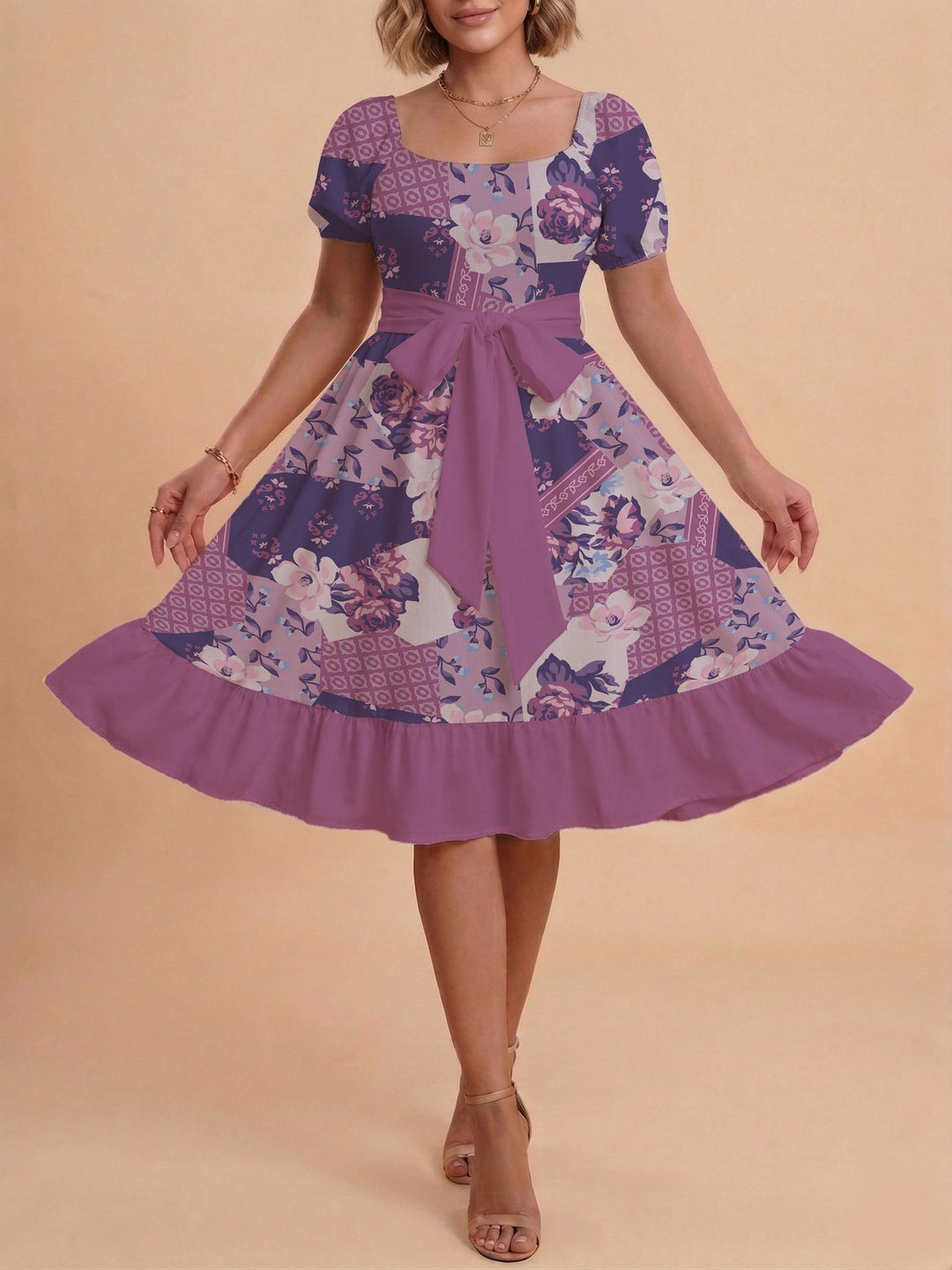 Damen Retro Maxikleid mit Puffärmeln und Taillengürtel EB