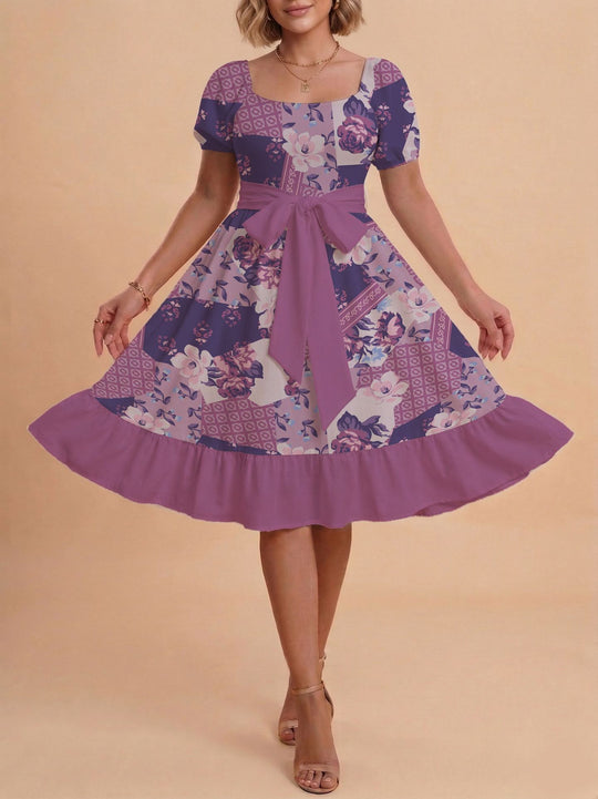 Damen Retro Maxikleid mit Puffärmeln und Taillengürtel EB