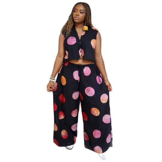 Damen Set mit kurzärmeliger Bluse und weiten Hosen mit Punktedesign EB