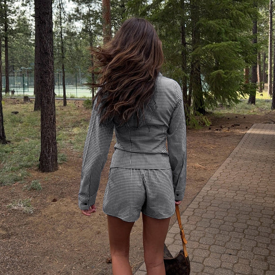 Damen nan zweiteiliges Vichy-Set aus taillierter Blusenjacke mit Wiener Nähten und Highwaist-Shorts EB