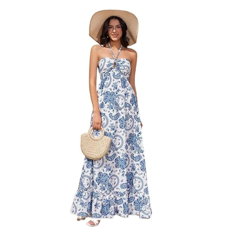 Damen Maxikleid im zeitlosen Paisleymuster mit schulterfreiem Design und voluminösem Saum EB