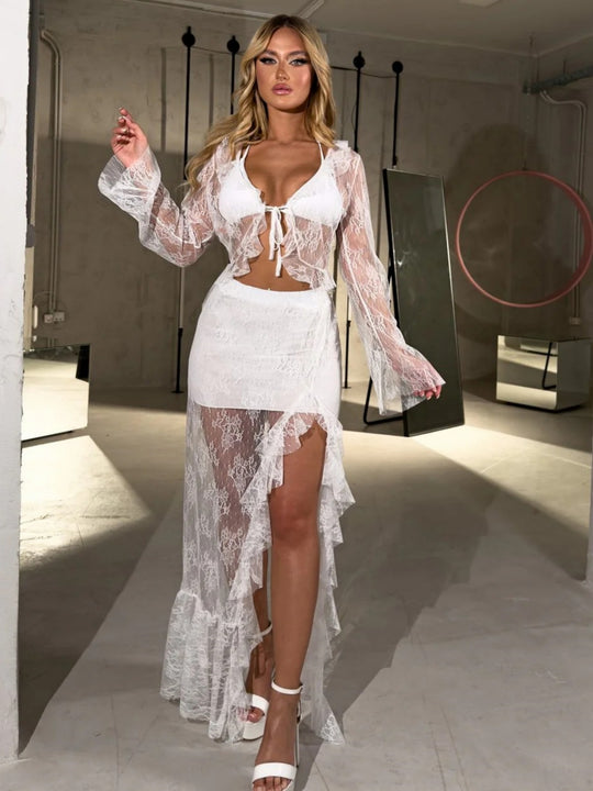 Damen Transparente Bluse mit Rüschenärmel und frechem Bindeband EB