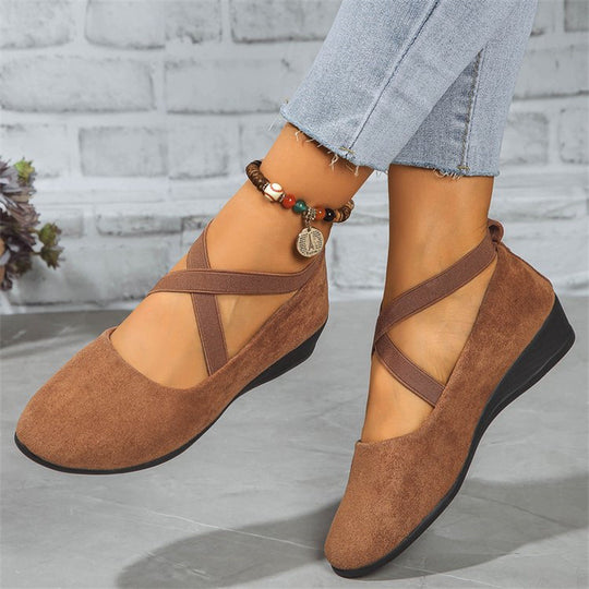 Damen elegante Wedge-Pantoletten mit überkreuzten Riemen und komfortablem Fußbett EB