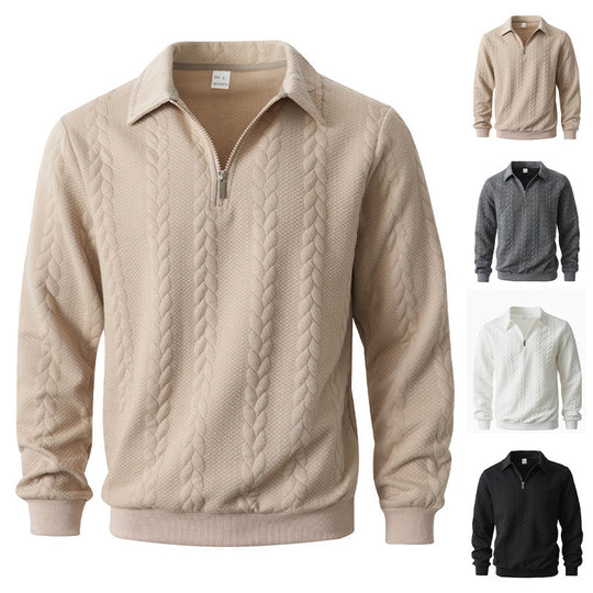 Herren nan Halbzip-Pullover mit Kentkragen, Zopfstrickstruktur und geripptem Saum EB