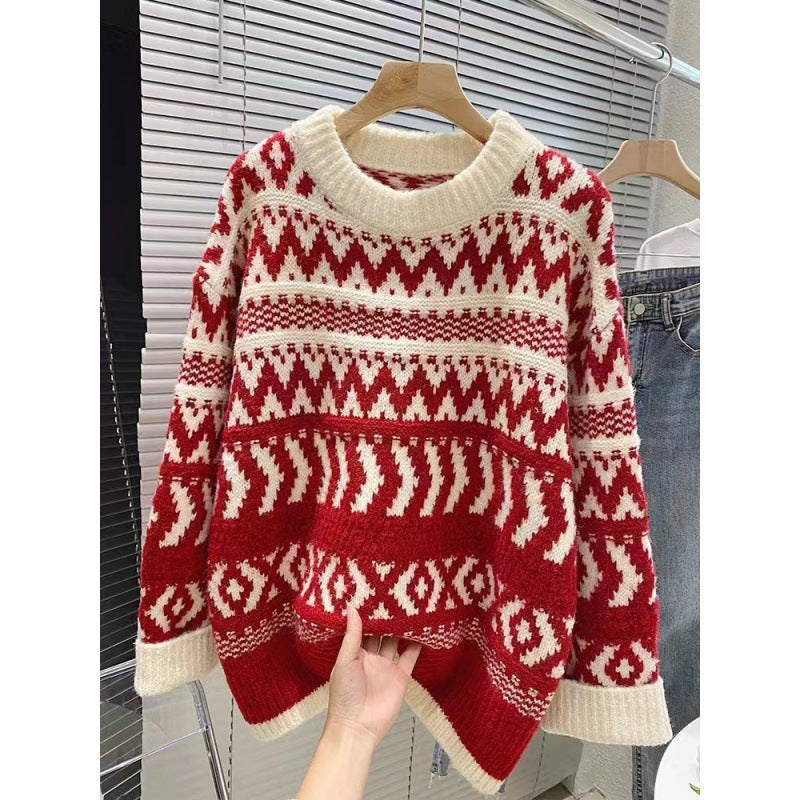 Damen gemütlicher Norwegerpullover mit dekorativem Muster und voluminösen Ärmeln EB