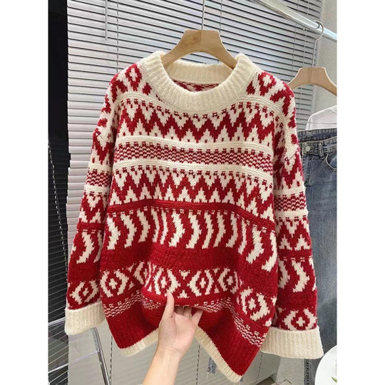 Damen gemütlicher Norwegerpullover mit dekorativem Muster und voluminösen Ärmeln EB