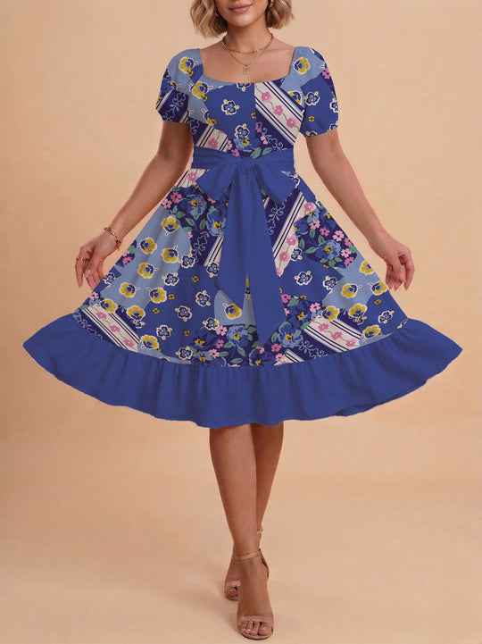 Damen Retro Maxikleid mit Puffärmeln und Taillengürtel EB