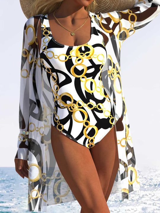 Damen eleganter Einteiler Badeanzug mit transparentem Überwurf und modernem Ringdesign EB