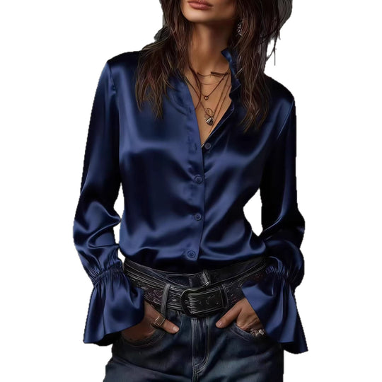 Damen Elegante Seidenbluse mit Raffungen an den Ärmeln EB