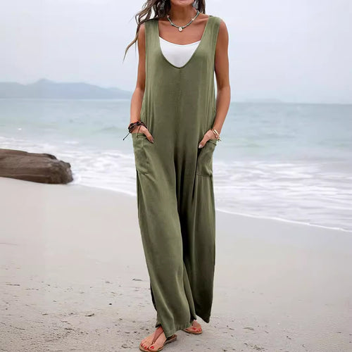 Damen Lässiger weite Jumpsuit mit V-Ausschnitt und praktischen Taschen EB