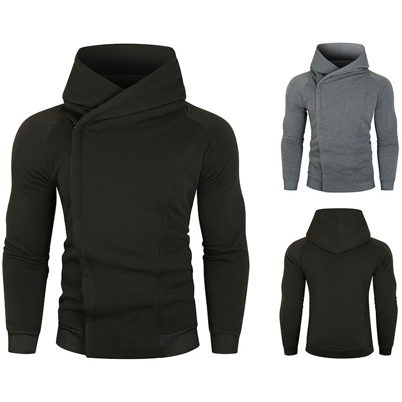 Herren nan asymmetrischer Kapuzenpullover mit Wickelkragen und verdeckter Knopfleiste, schlanke sportive Passform EB