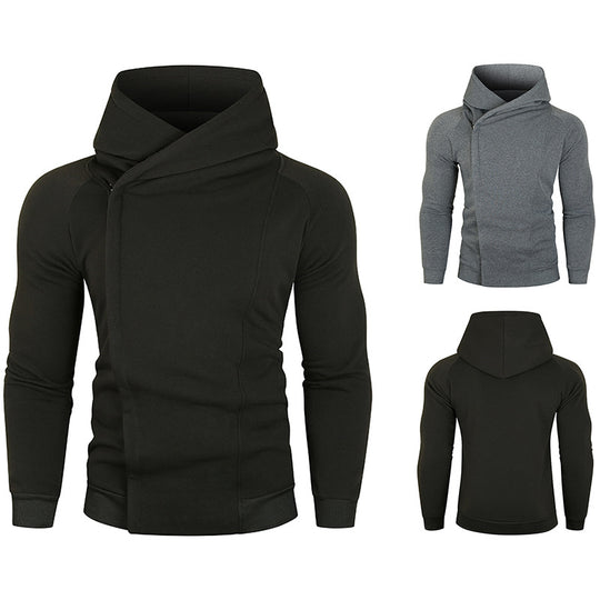 Herren nan asymmetrischer Kapuzenpullover mit Wickelkragen und verdeckter Knopfleiste, schlanke sportive Passform EB