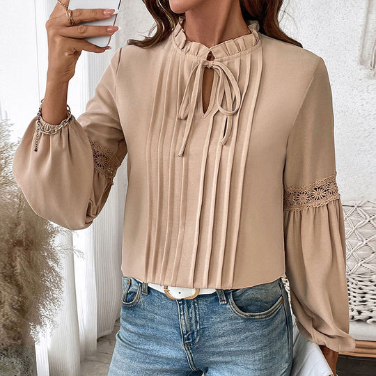 Damen Bluse mit feinen Falten und Spitze EB