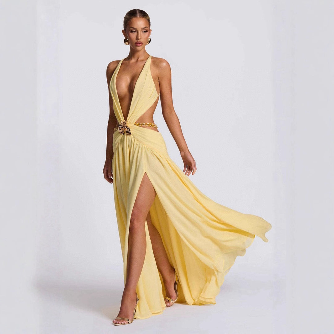Damen Maxikleid mit tiefem V-Ausschnitt und elegantem Wickeldesign EB