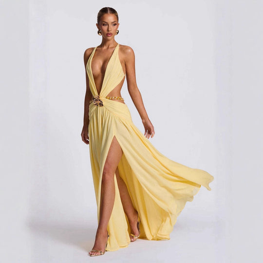 Damen Maxikleid mit tiefem V-Ausschnitt und elegantem Wickeldesign EB