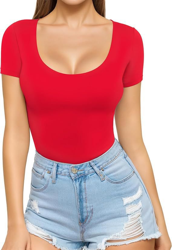 Damen figurbetontes Kurzarm-Body mit rundem Ausschnitt und nahtlosem Design EB
