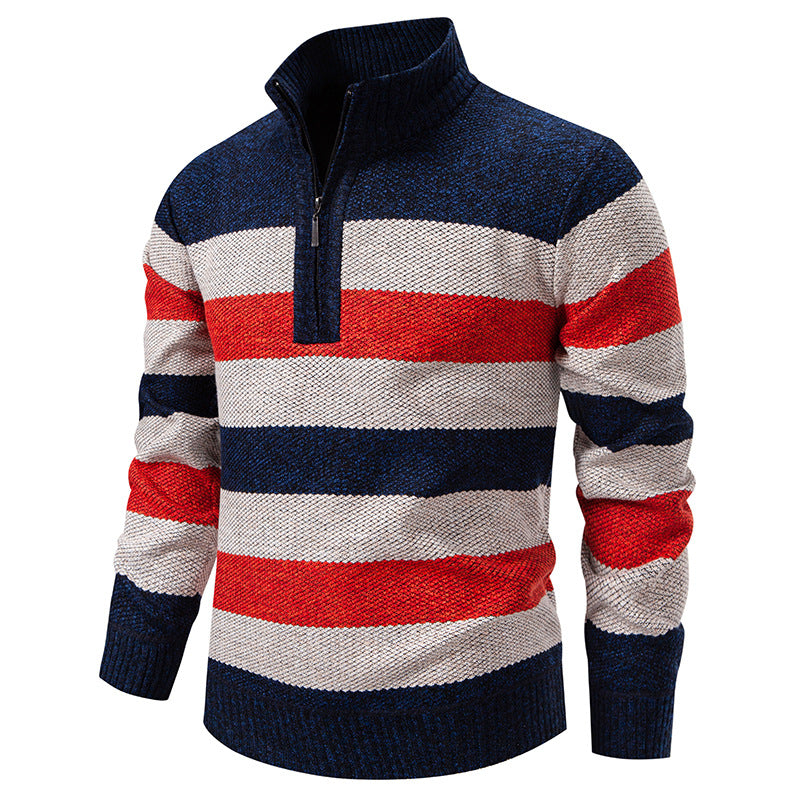 Herren modischer Strickpullover mit halbhohem Kragen und kontrastierenden Streifen EB