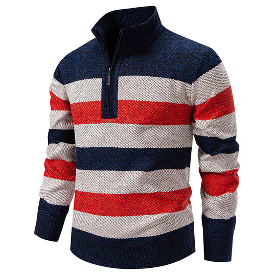 Herren modischer Strickpullover mit halbhohem Kragen und kontrastierenden Streifen EB