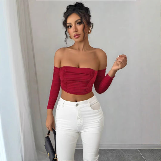 Damen Top mit schulterfreiem Design und raffinierter Raffung EB