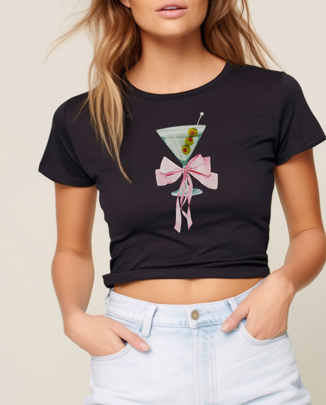 Damen Cropped T-Shirt mit trendy Cocktail-Design EB