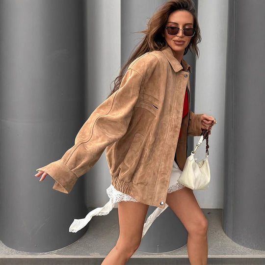 Damen Oversized Wildlederjacke mit großen Taschen und lässigem Schnitt EB