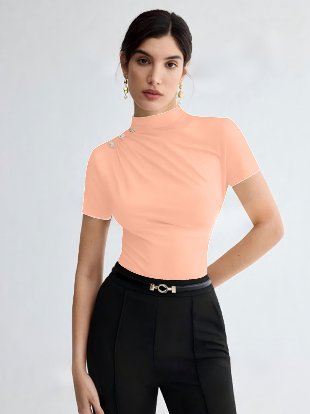 Damen elegantes Oberteil mit dekorativen Knopfdetails und modernem Stehkragen EB
