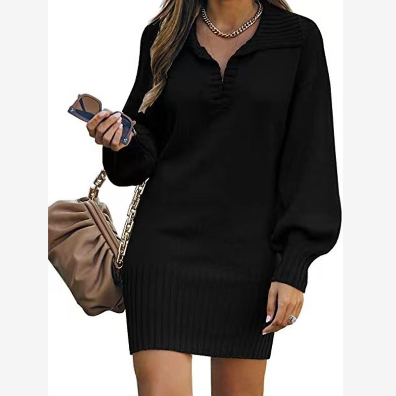Damen nan schulterfreies Strickminikleid mit weitem V-Ausschnitt und Rippbund EB