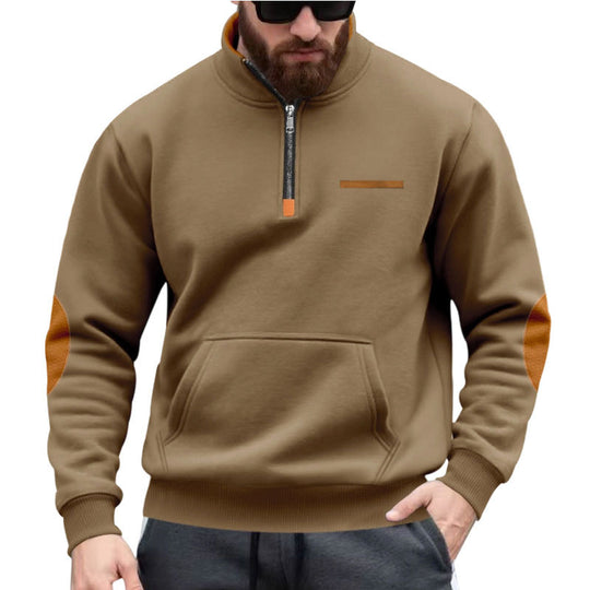 Herren nan Halbzip-Sweatpullover mit Stehkragen, Kängurutasche und Ellenbogenbesatz EB