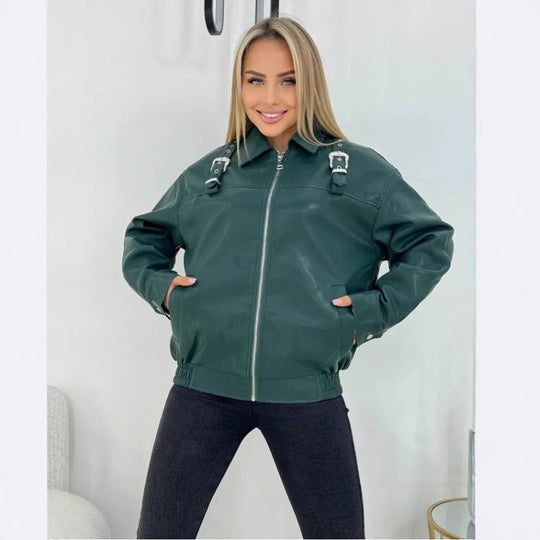 Damen modische Kunstlederjacke im lässigen Stil mit dekorativen Details EB