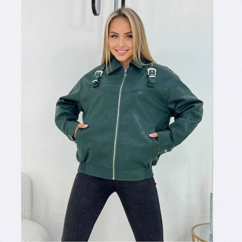 Damen modische Kunstlederjacke im lässigen Stil mit dekorativen Details EB
