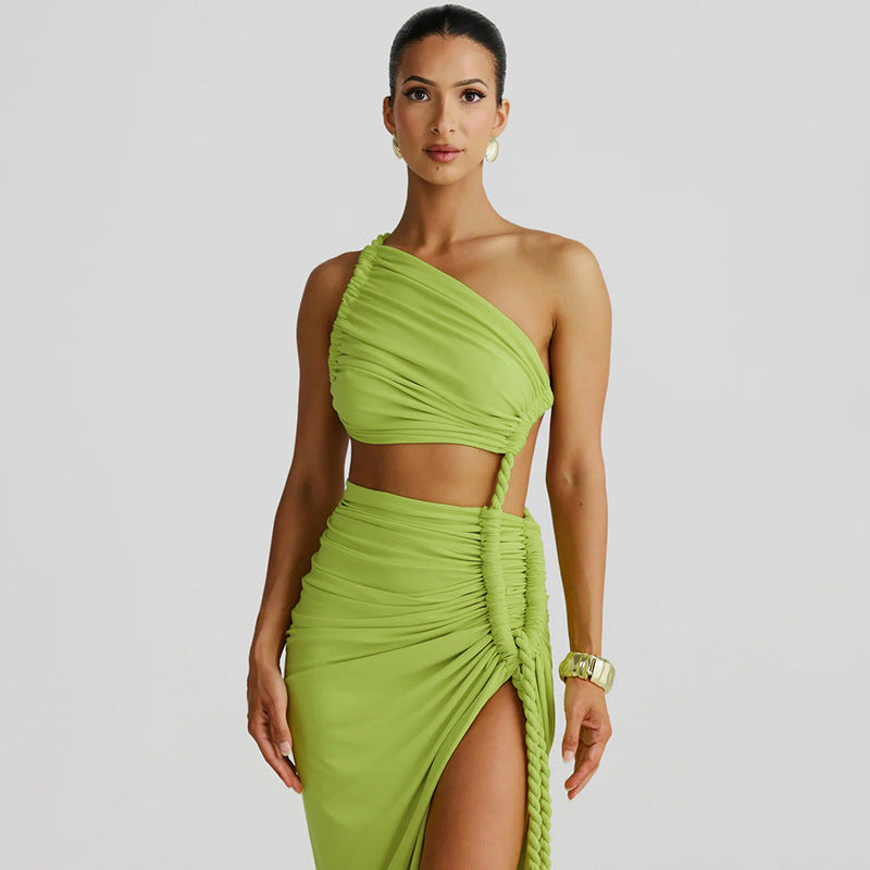 Damen Elegantes, einseitiges Maxikleid mit raffinierten Drapierungen EB