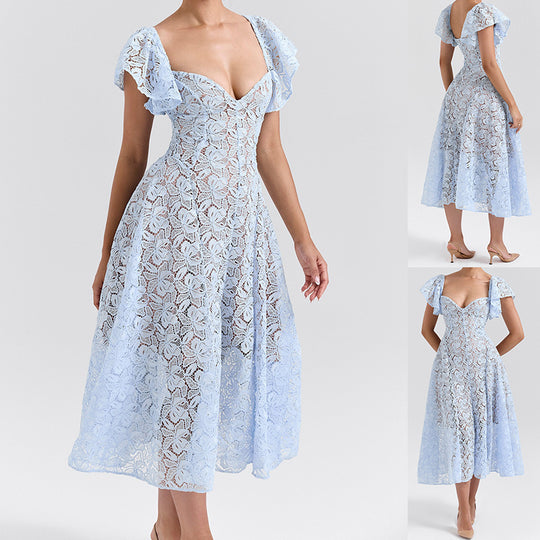 Damen Midikleid mit romantischer Spitzenstruktur und voluminösen Ärmeln EB