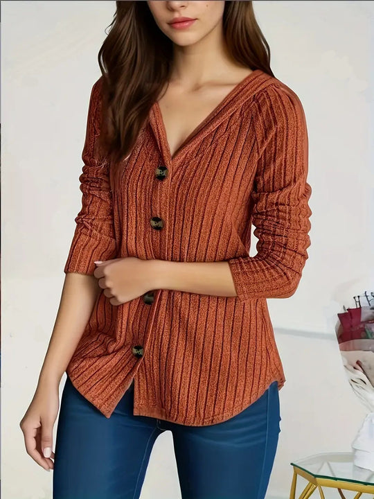 Damen nan kaschierender gerippter Strickcardigan mit V-Ausschnitt und dekorativen Knöpfen EB