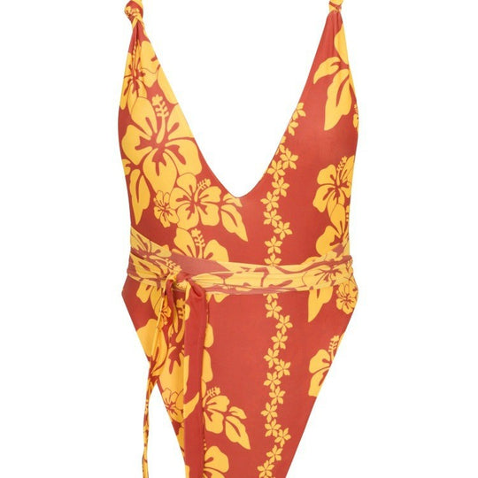 Damen Einteiliger Badeanzug mit tiefem V-Ausschnitt und floralem Design EB