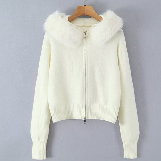 Damen Strickjacke mit luxuriösem Kunstfellkragen und Reißverschluss EB