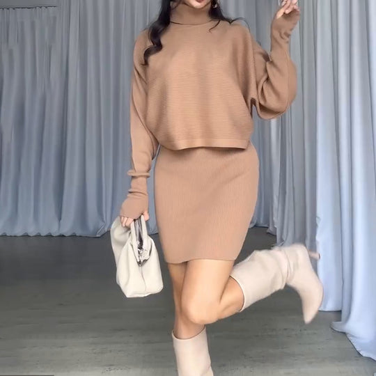 Damen Strickkleid mit lässigem Rollkragen und angeschnittenen Ärmeln EB