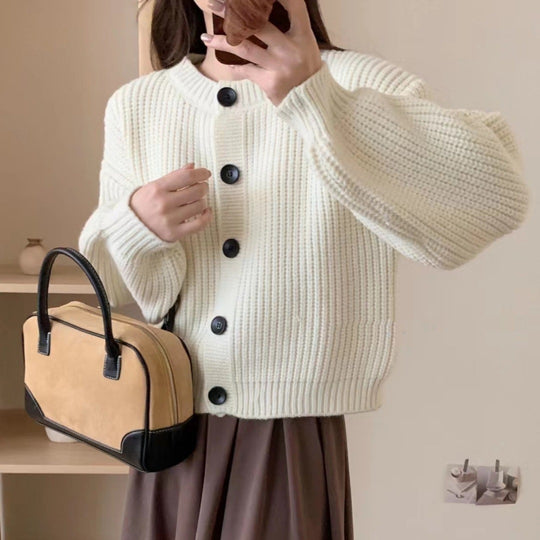 Damen modische Strickjacke mit knöpfbarem Design und balloonärmeln EB