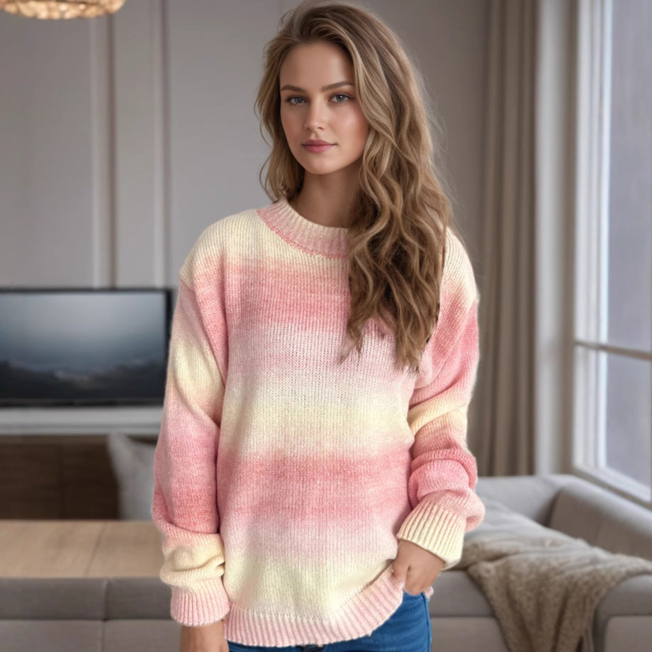 Damen lässiger Pullover mit sanften Farbverlauf und Rundhalsausschnitt EB