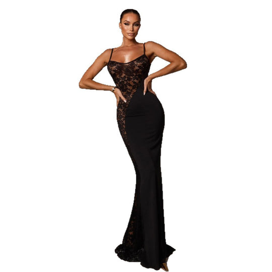 Damen Elegantes Langarm-Maxikleid mit filigraner Spitzenapplikation EB