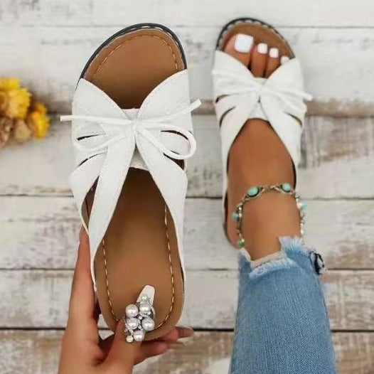 Damen bunte Slip-On Pantoletten mit dekorativem Knoten EB