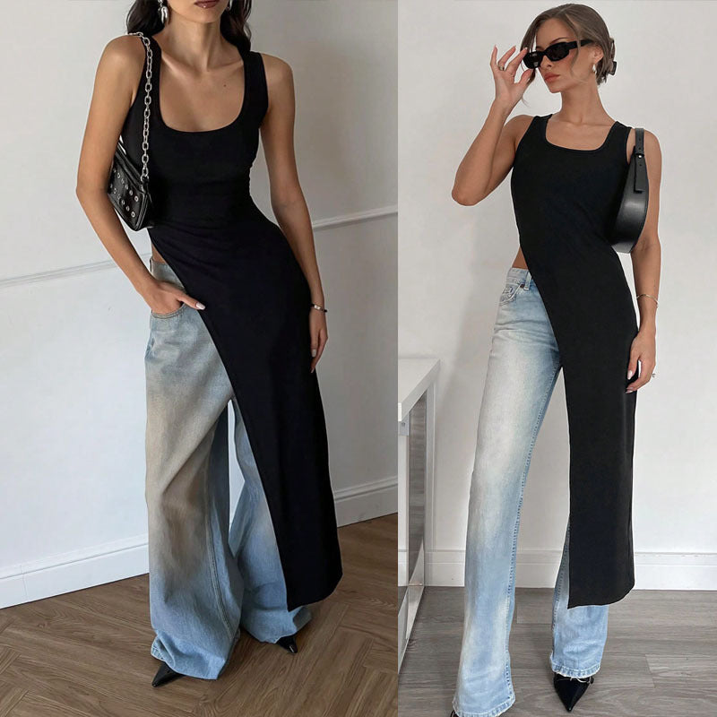 Damen Langarm-Umstands-Tunika mit asymmetrischem Schnitt und stylischen Denim-Elementen EB