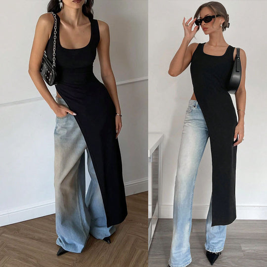 Damen Langarm-Umstands-Tunika mit asymmetrischem Schnitt und stylischen Denim-Elementen EB
